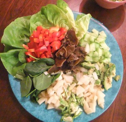 Laitue, épinards, poivrons rouges, concombres, pommes, choux de Bruxelles, poires, avocat, champignons noirs déshydratés que j'ai fait tremper une nuit dans de l'eau chaude