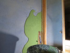 Ici les toilettes, le mur derrière le lavabo et derrière la baignoire...